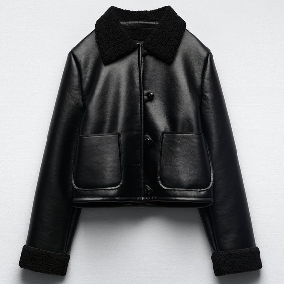 Zara Double Faced Leather Style and Sherpa Trim Jacket in Black - Picture 1 of 13
